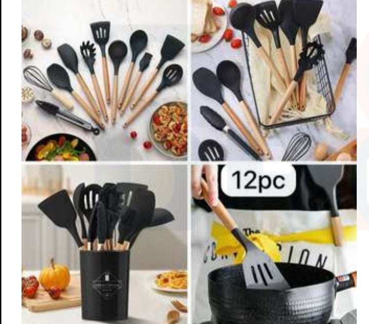12-Piece Premium Silicone Kitchen Utensil Set with Wooden Handles