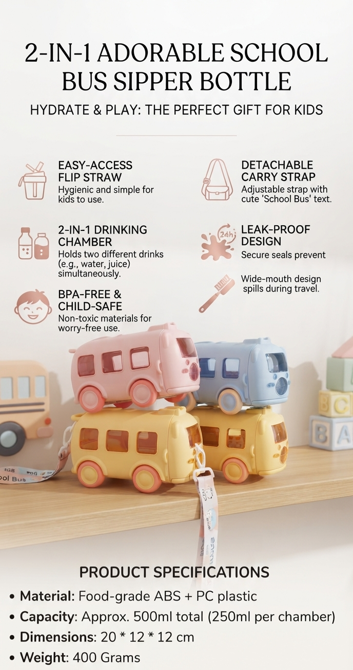 2-in-1 Adorable School Bus Sipper Bottle for Kids