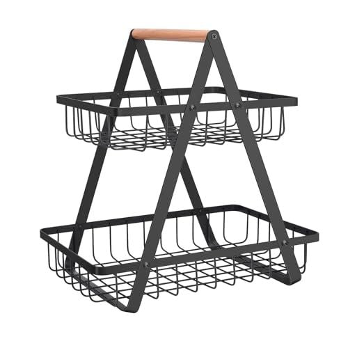 2-Tier Double Layer Metal Countertop Basket with Wooden Handle